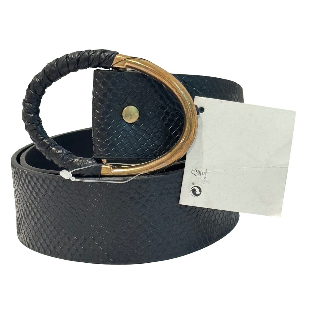 NEW Zara Snakeskin Embossed Belt Womens M/L 33in Black Braided Gold Buckle Wide